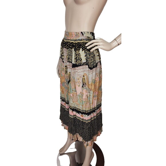 Vintage 80s Elephants People India City Life Tiered Mixed Media Broomstick Skirt - Picture 7 of 14